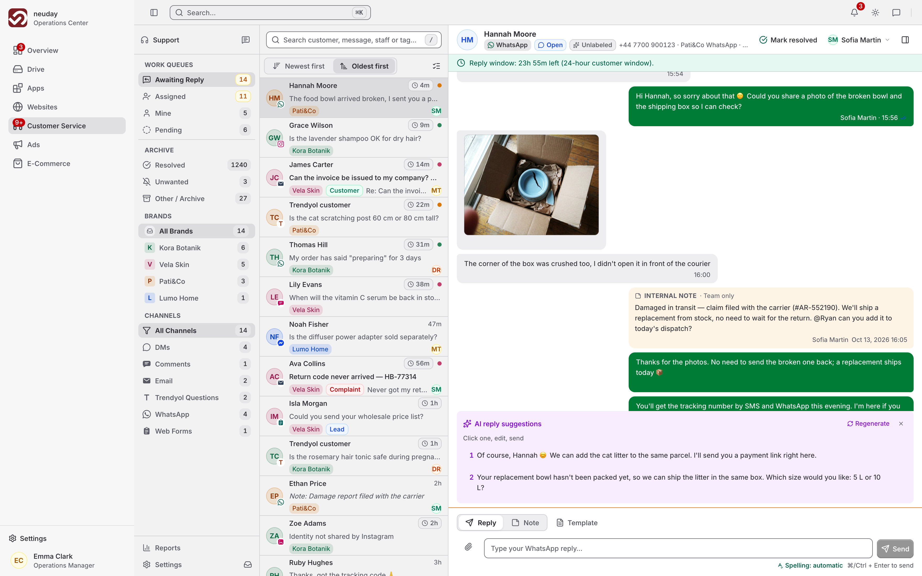 Neuday's customer service inbox: conversations from WhatsApp, Instagram and email in one queue